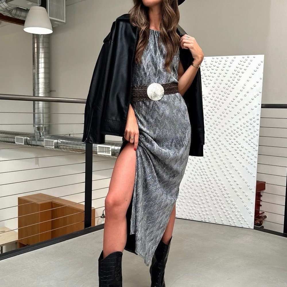 12th Tribe Asymmetrical Gray Dress with Side Slit